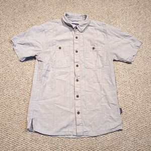 Patagonia Back Step Button Up Shirt Small Beige Hemp Organic Cotton Short Sleeve